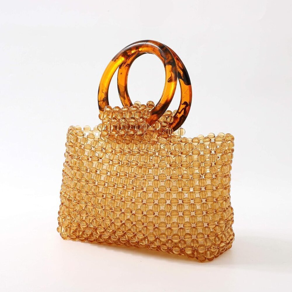 Women's Brown Colored Transparent Beaded Acrylic Evening Handmade Handbag - Picture 3 of 9